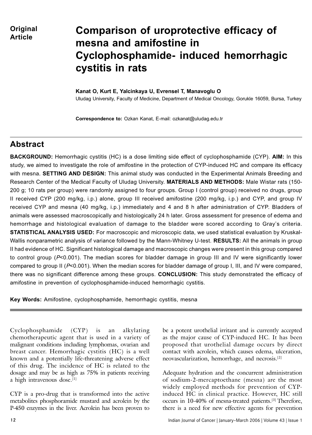 Comparison of Uroprotective Efficacy of Mesna and Amifostine in Cyclophosphamide- Induced Hemorrhagic Cystitis in Rats