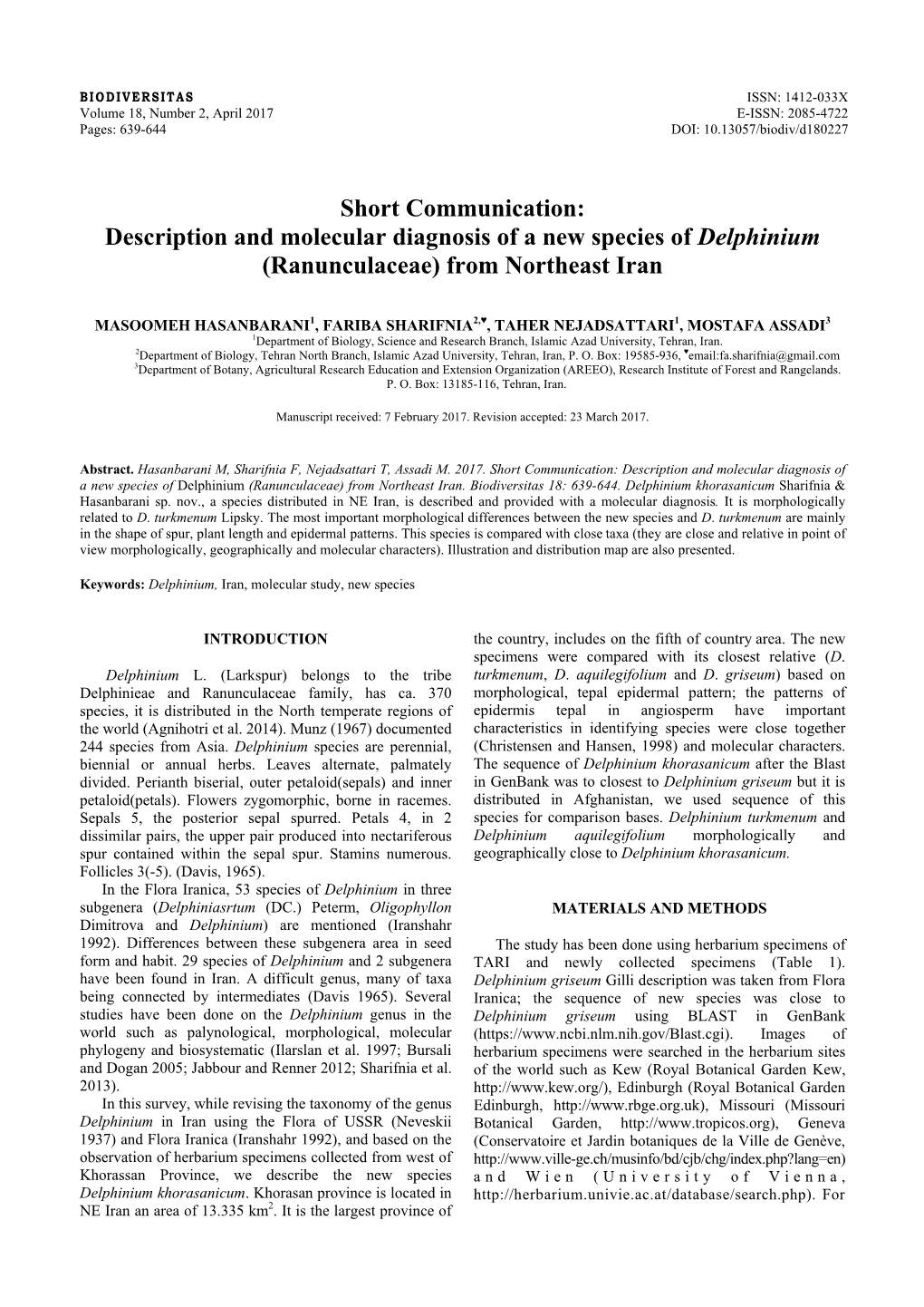 Description and Molecular Diagnosis of a New Species of Delphinium (Ranunculaceae) from Northeast Iran