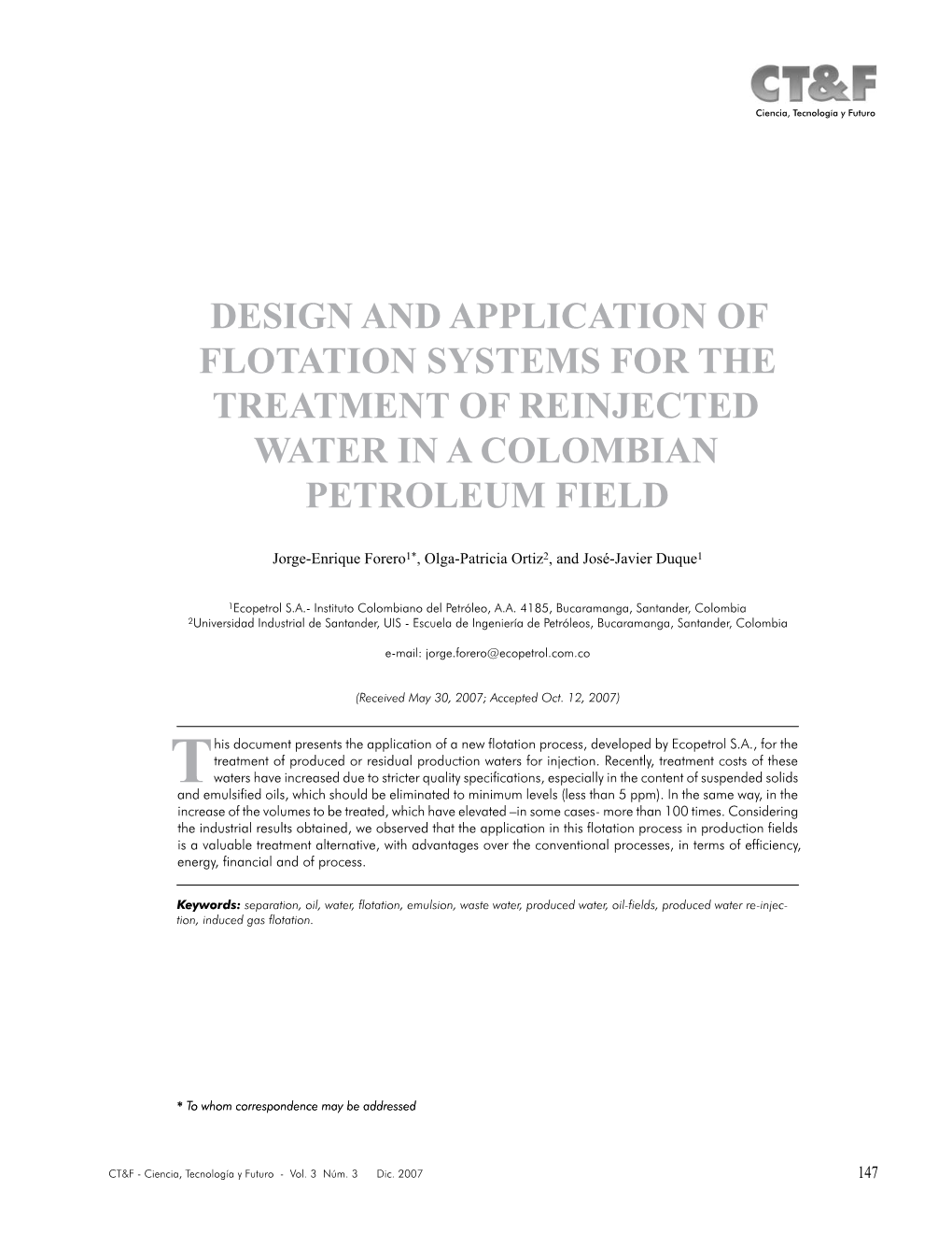 Design and Application of Flotation Systems for the Treatment of Reinjected Water in a Colombian Petroleum Field
