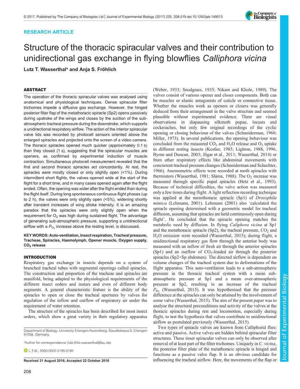 Structure of the Thoracic Spiracular Valves and Their Contribution to Unidirectional Gas Exchange in Flying Blowflies Calliphora Vicina Lutz T