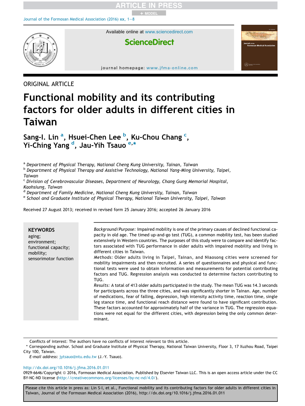 Functional Mobility and Its Contributing Factors for Older Adults in Different Cities in Taiwan Sang-I