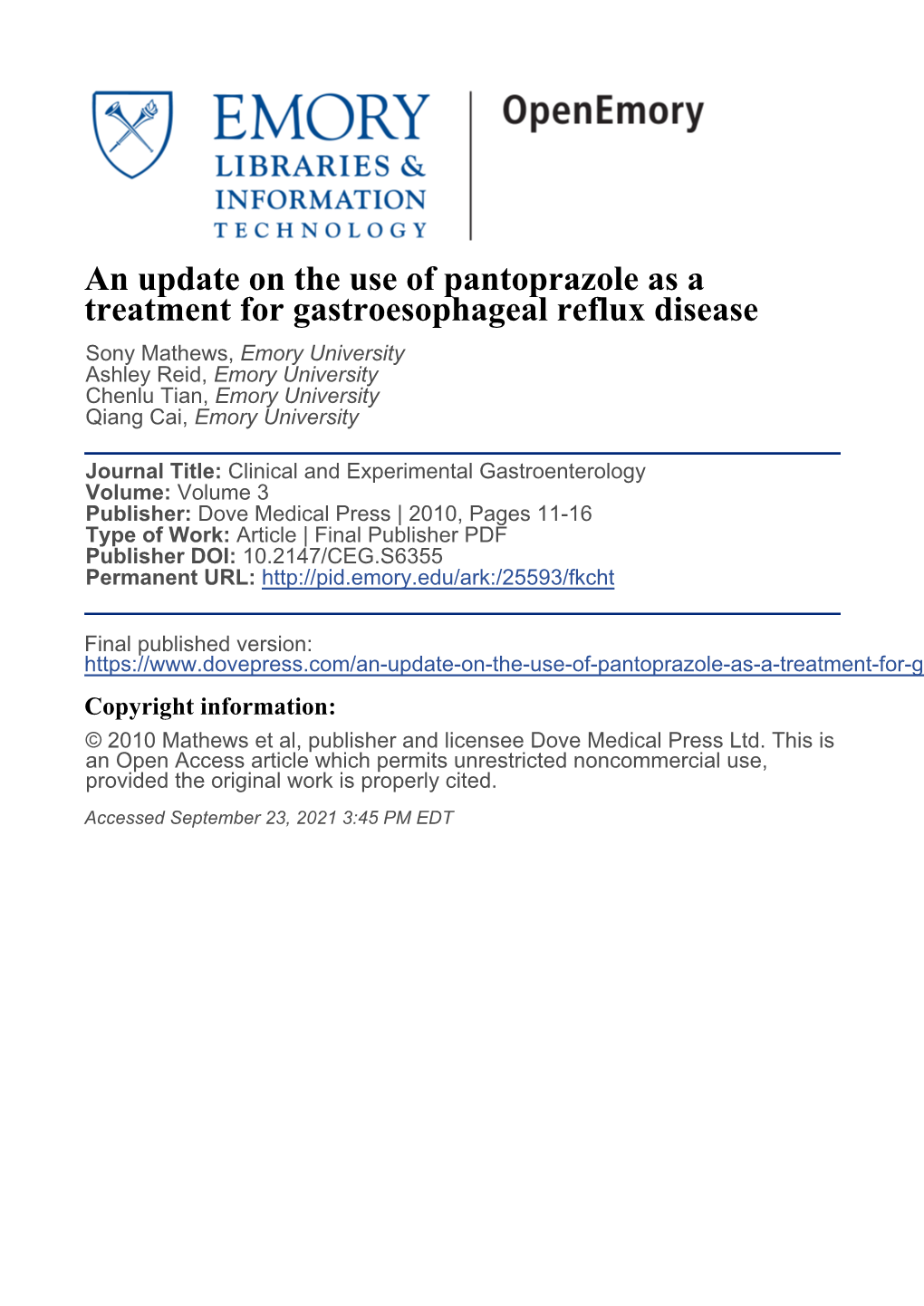 An Update on the Use of Pantoprazole As a Treatment For