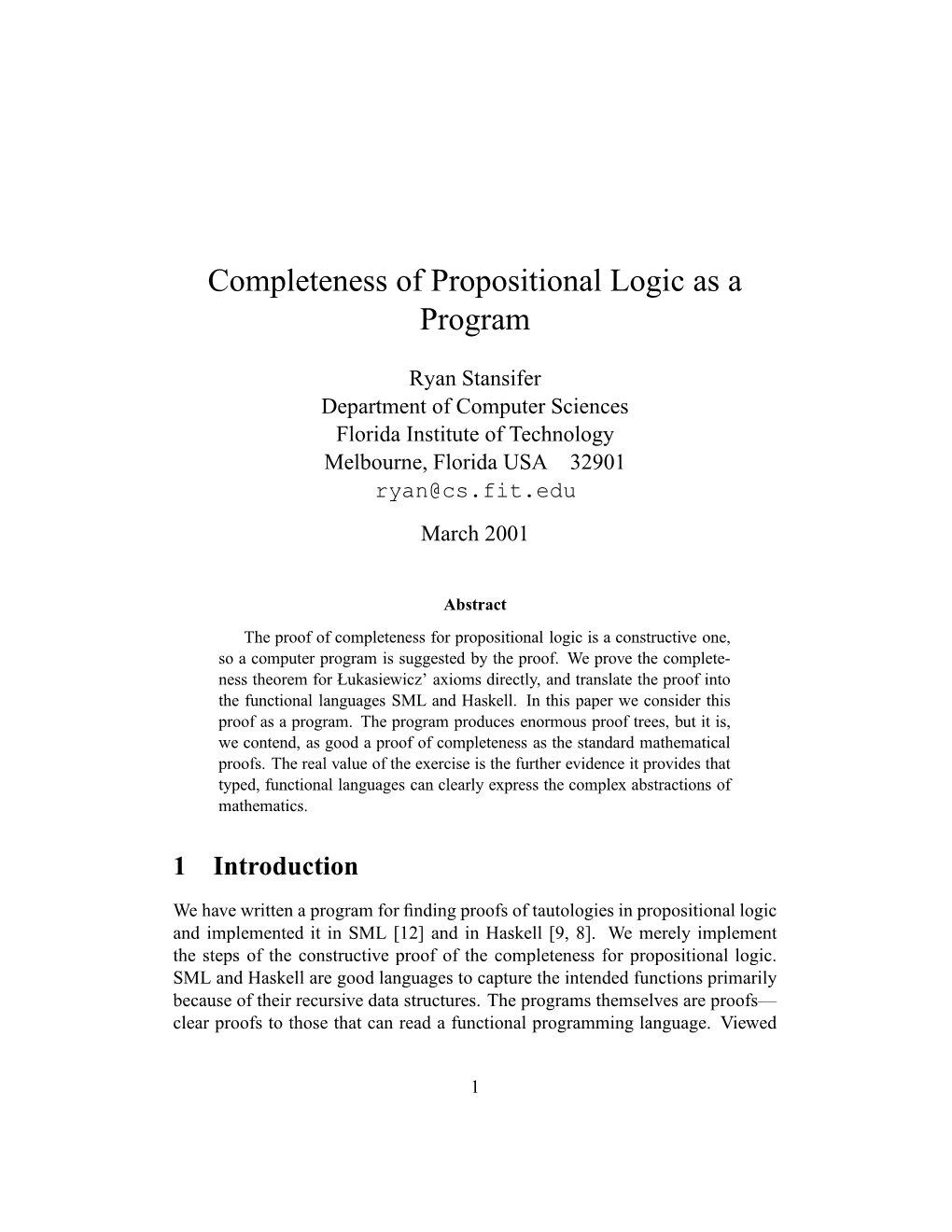 Completeness of Propositional Logic As a Program