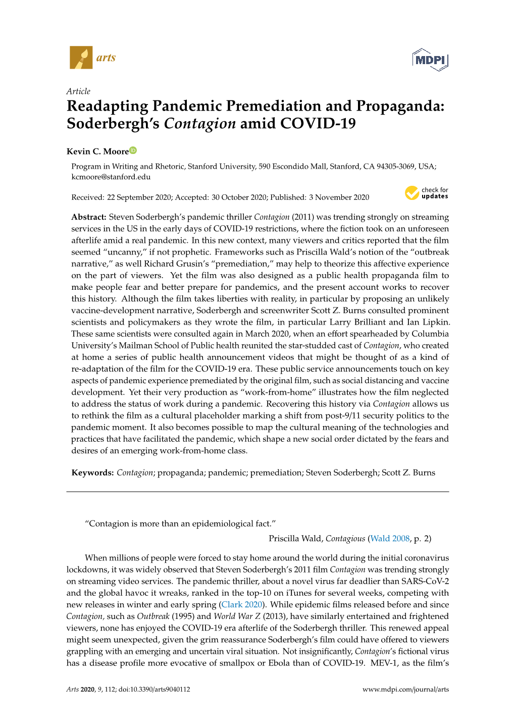 Readapting Pandemic Premediation and Propaganda: Soderbergh's Contagion Amid COVID-19