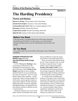 The Harding Presidency Terms and Names Warren G