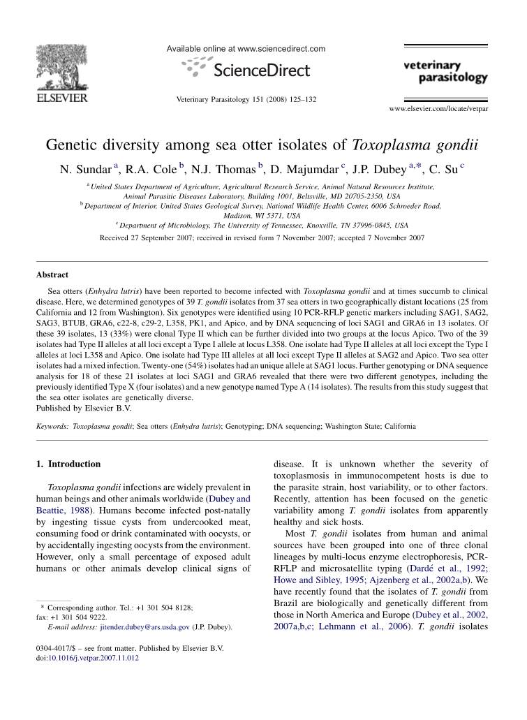 Genetic Diversity Among Sea Otter Isolates of Toxoplasma Gondii.Pdf