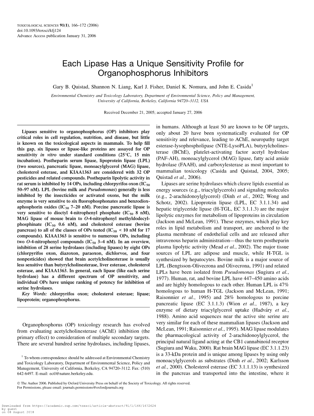 Each Lipase Has a Unique Sensitivity Profile for Organophosphorus