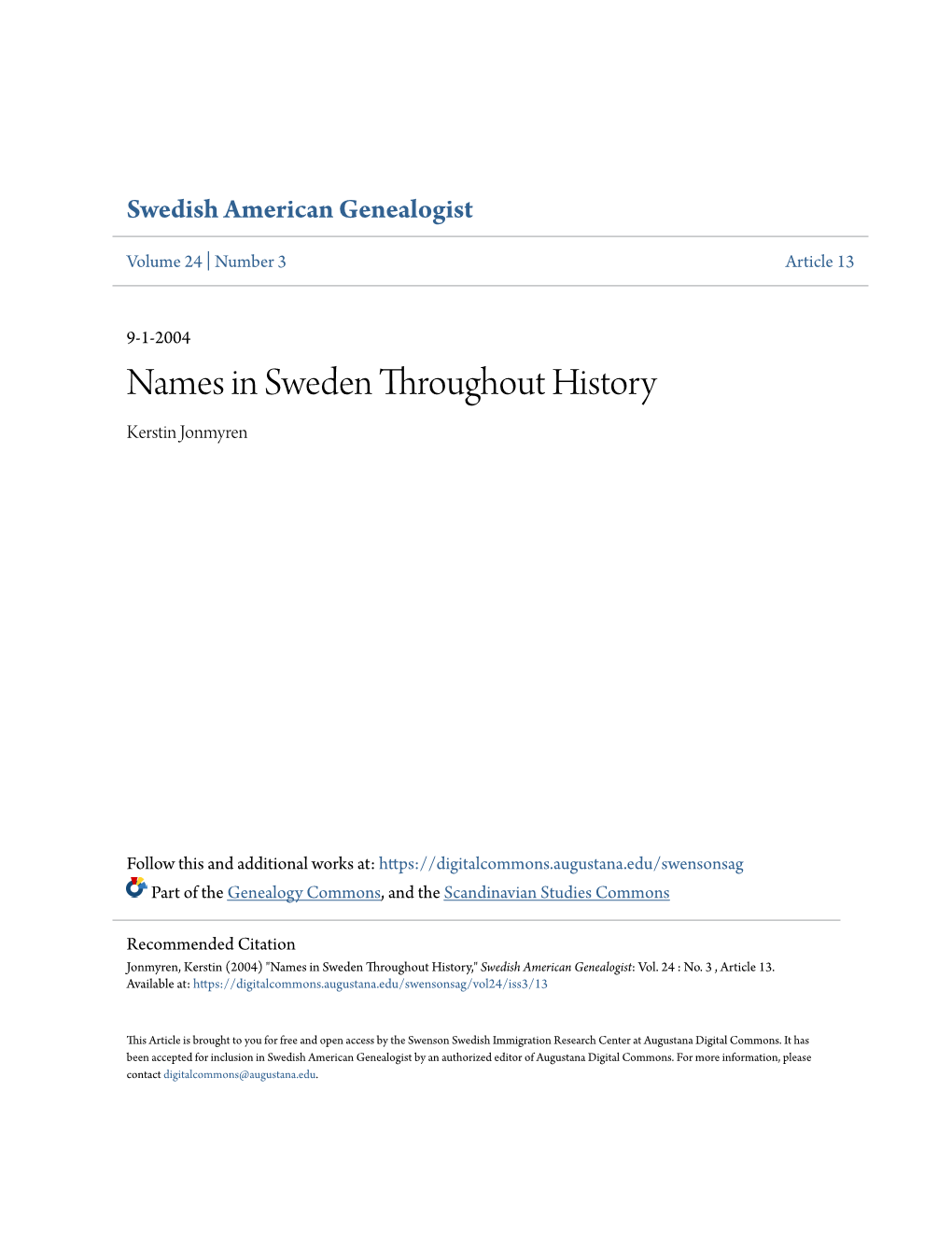 Names in Sweden Throughout History Kerstin Jonmyren