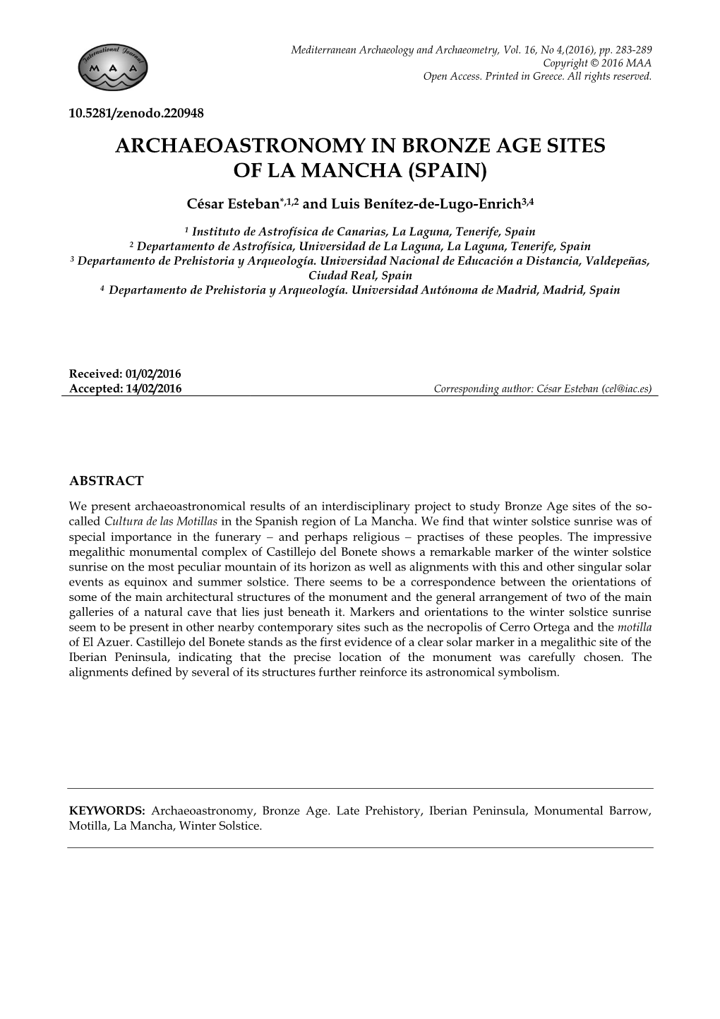 Archaeoastronomy in Bronze Age Sites of La Mancha (Spain)