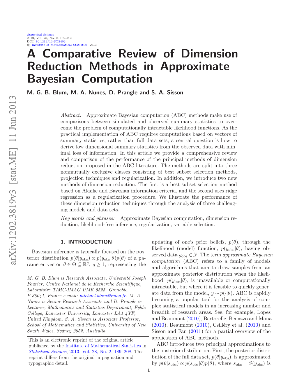 A Comparative Review of Dimension Reduction Methods in Approximate Bayesian Computation