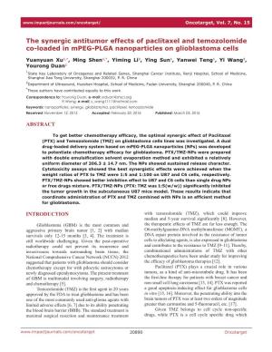 The Synergic Antitumor Effects of Paclitaxel and Temozolomide Co-Loaded in Mpeg-PLGA Nanoparticles on Glioblastoma Cells