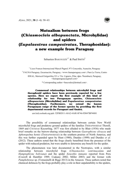 Mutualism Between Frogs (Chiasmocleis Albopunctata, Microhylidae) and Spiders (Eupalaestrus Campestratus, Theraphosidae): a New Example from Paraguay