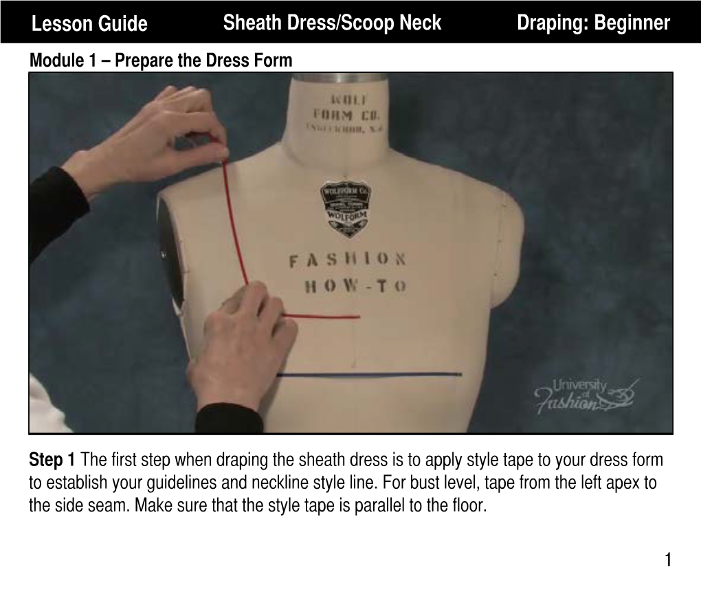 Lesson Guide Sheath Dress/Scoop Neck Draping: Beginner Module 1 – Prepare the Dress Form