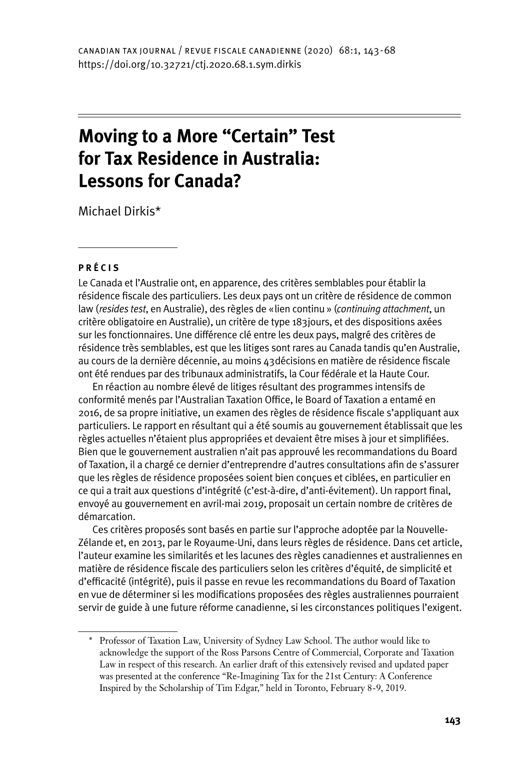 Moving to a More “Certain” Test for Tax Residence in Australia: Lessons for Canada?