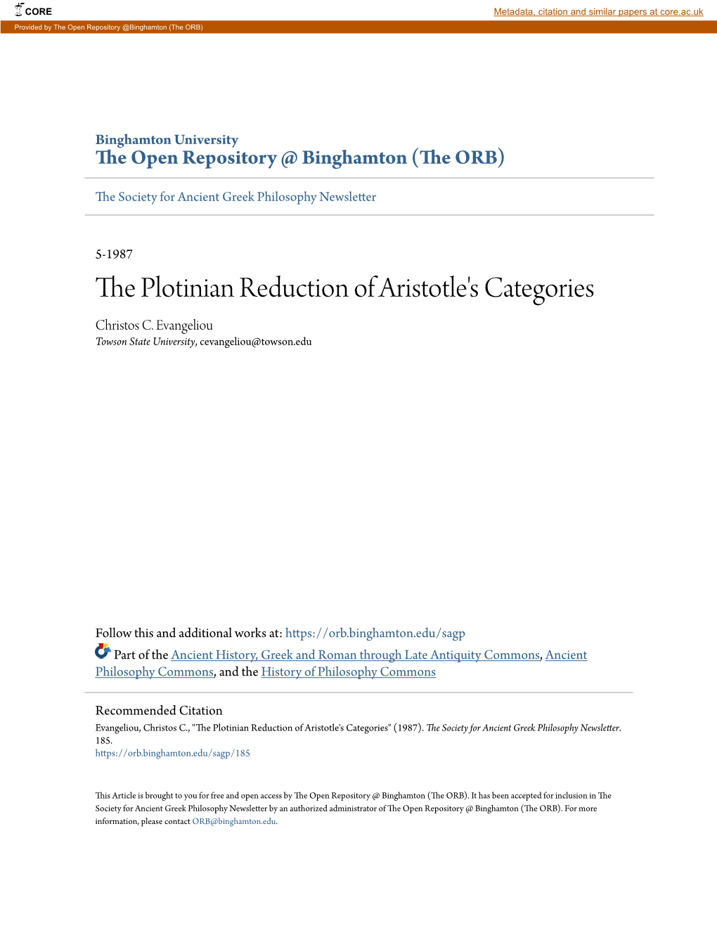 The Plotinian Reduction of Aristotle's Categories