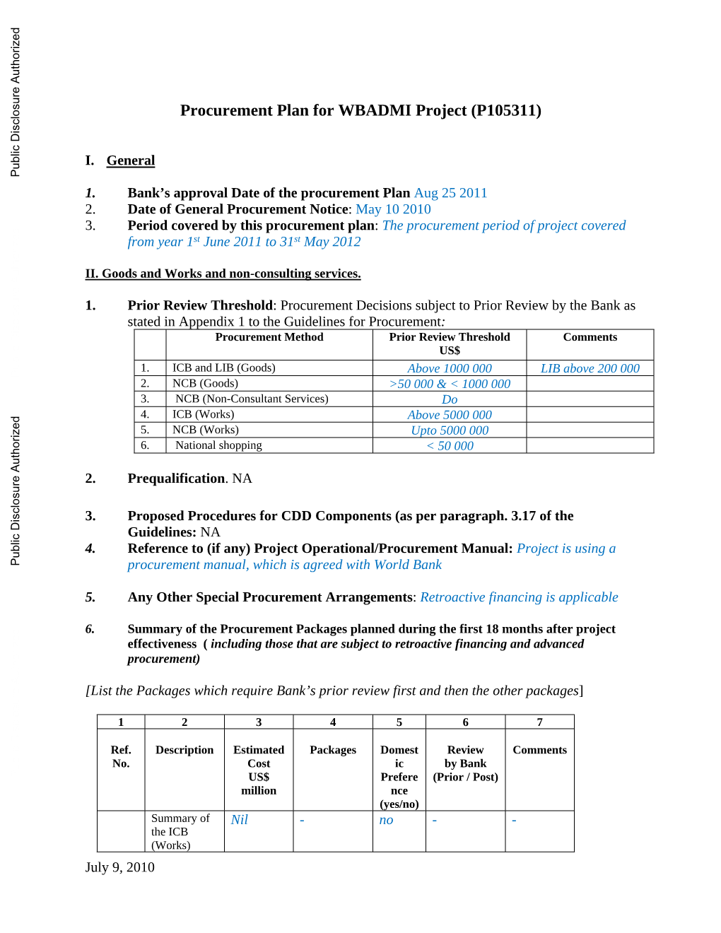 Procurement Plan for WBADMI Project (P105311)