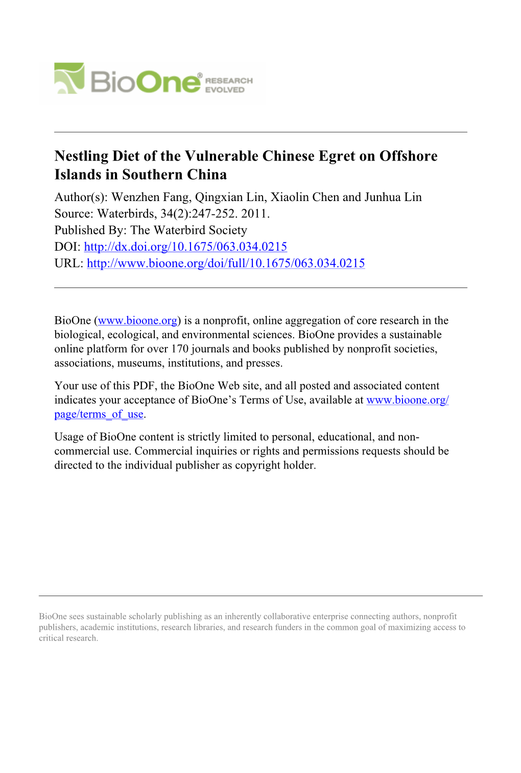 Nestling Diet of the Vulnerable Chinese Egret on Offshore Islands