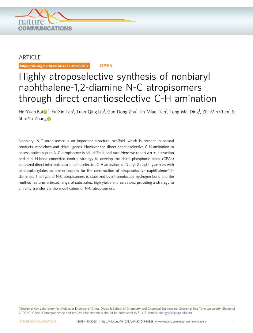 Highly Atroposelective Synthesis of Nonbiaryl Naphthalene-1,2-Diamine N-C Atropisomers Through Direct Enantioselective C-H Amination
