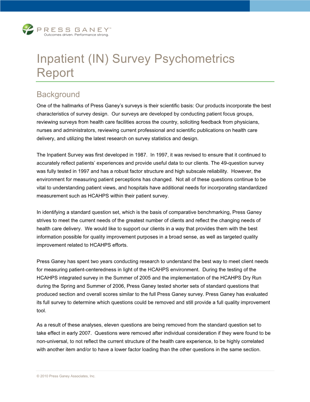 Inpatient (IN) Survey Psychometrics Report