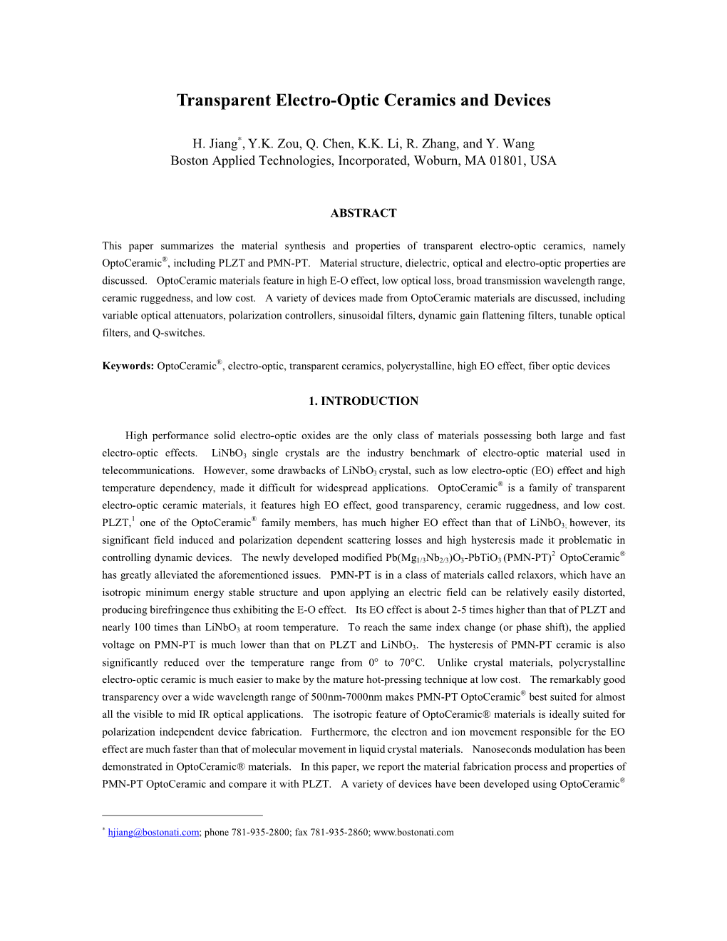 Transparent Electro-Optic Ceramics and Devices