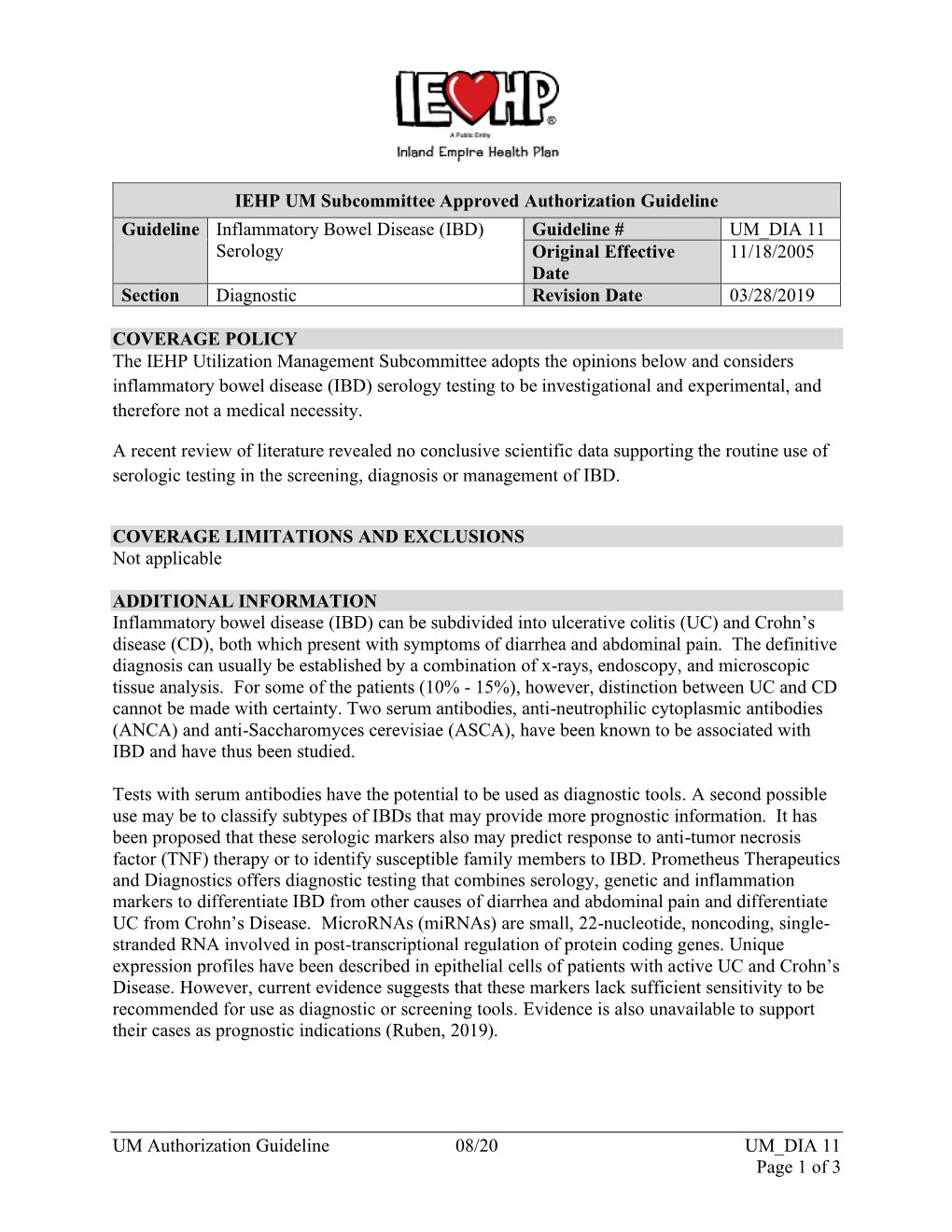UM Authorization Guideline 08/20 UM DIA 11 Page 1 of 3