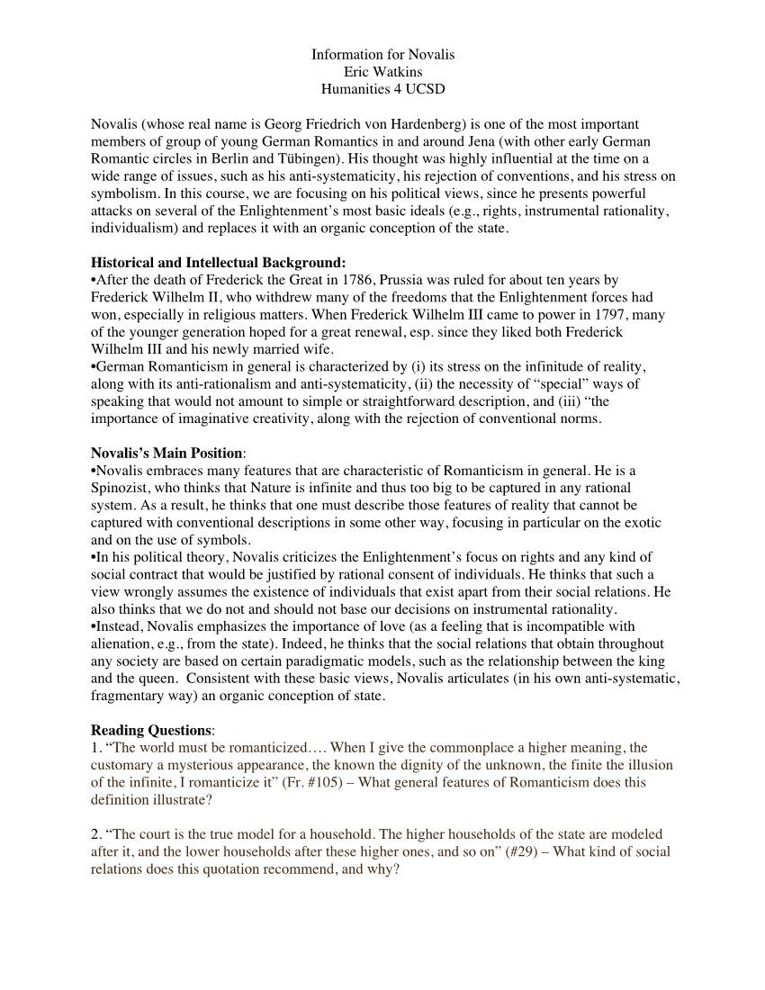 Information for Novalis Eric Watkins Humanities 4 UCSD Novalis