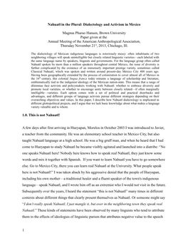 Nahuatl in the Plural: Dialectology and Activism in Mexico Magnus Pharao