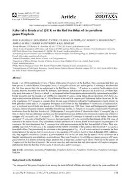 (2014) on the Red Sea Fishes of the Perciform Genus Pempheris