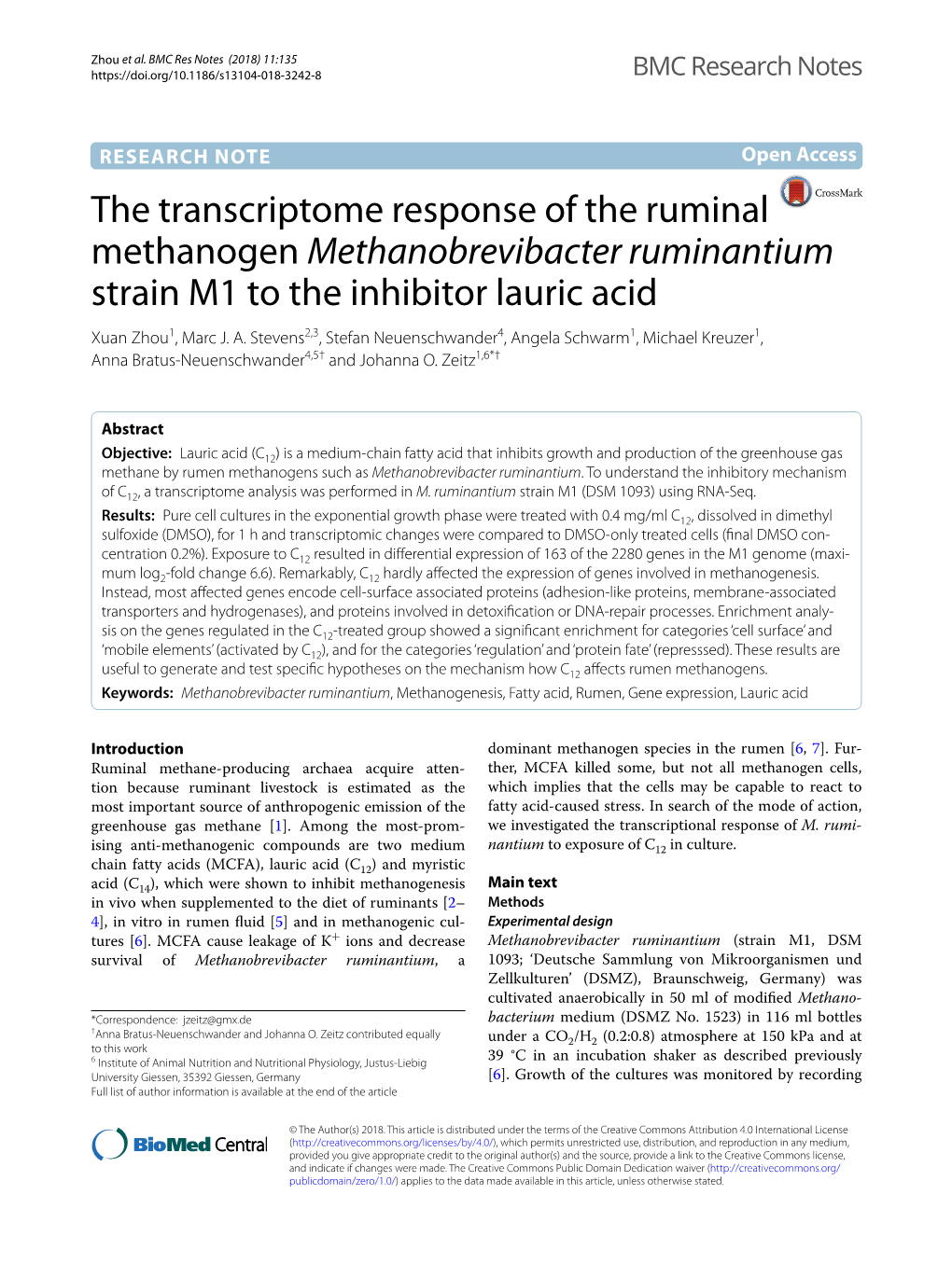 The Transcriptome Response of the Ruminal Methanogen Methanobrevibacter Ruminantium Strain M1 to the Inhibitor Lauric Acid Xuan Zhou1, Marc J