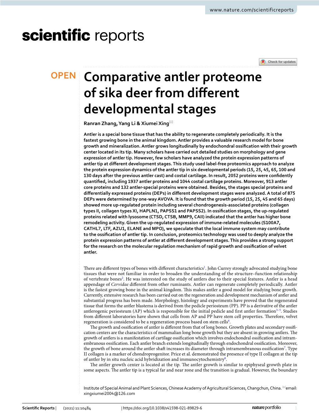 Comparative Antler Proteome of Sika Deer from Different Developmental