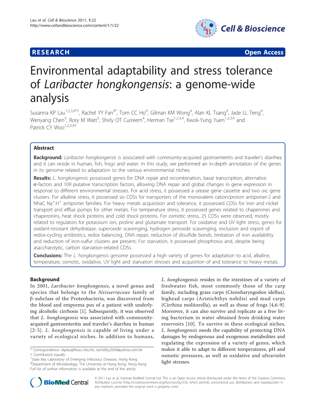 Environmental Adaptability and Stress Tolerance of Laribacter