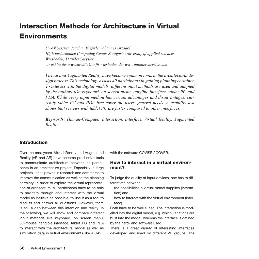 Interaction Methods for Architecture in Virtual Environments