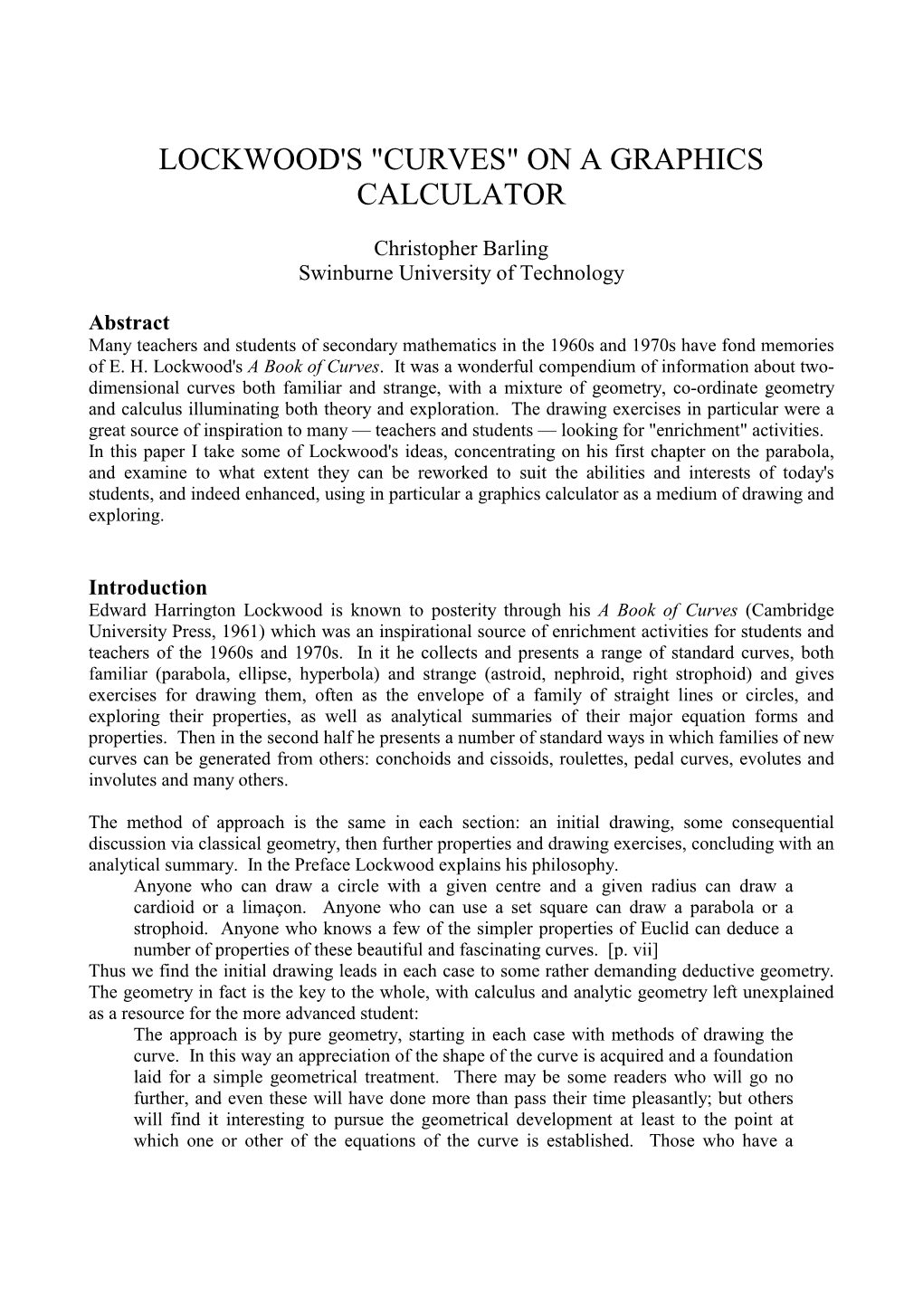 Lockwood's 'Curves' on a Graphics Calculator