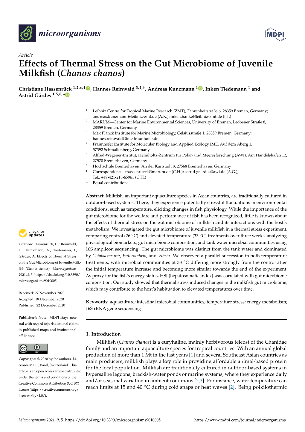 Effects of Thermal Stress on the Gut Microbiome of Juvenile Milkfish