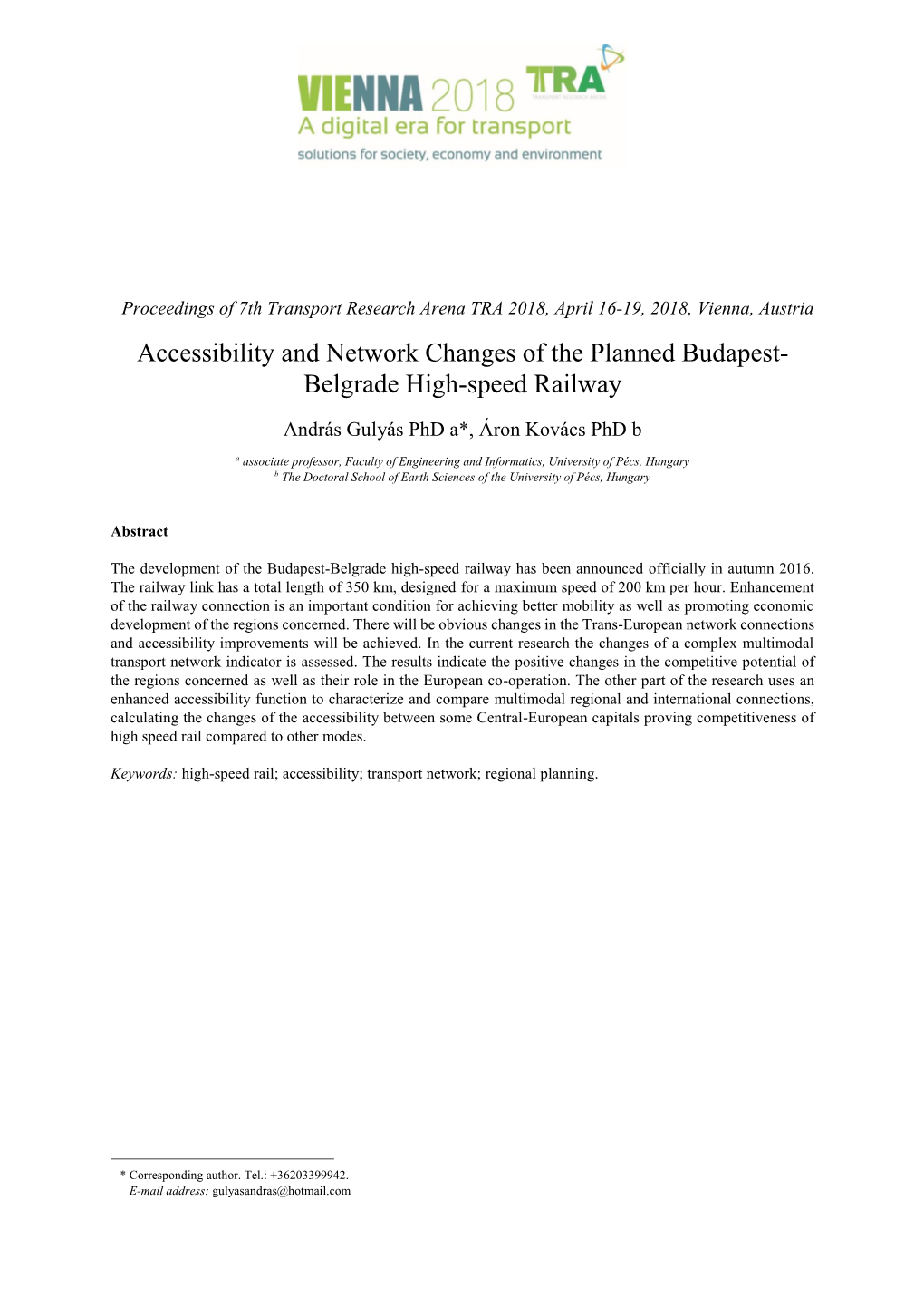 Accessibility and Network Changes of the Planned Budapest- Belgrade High-Speed Railway