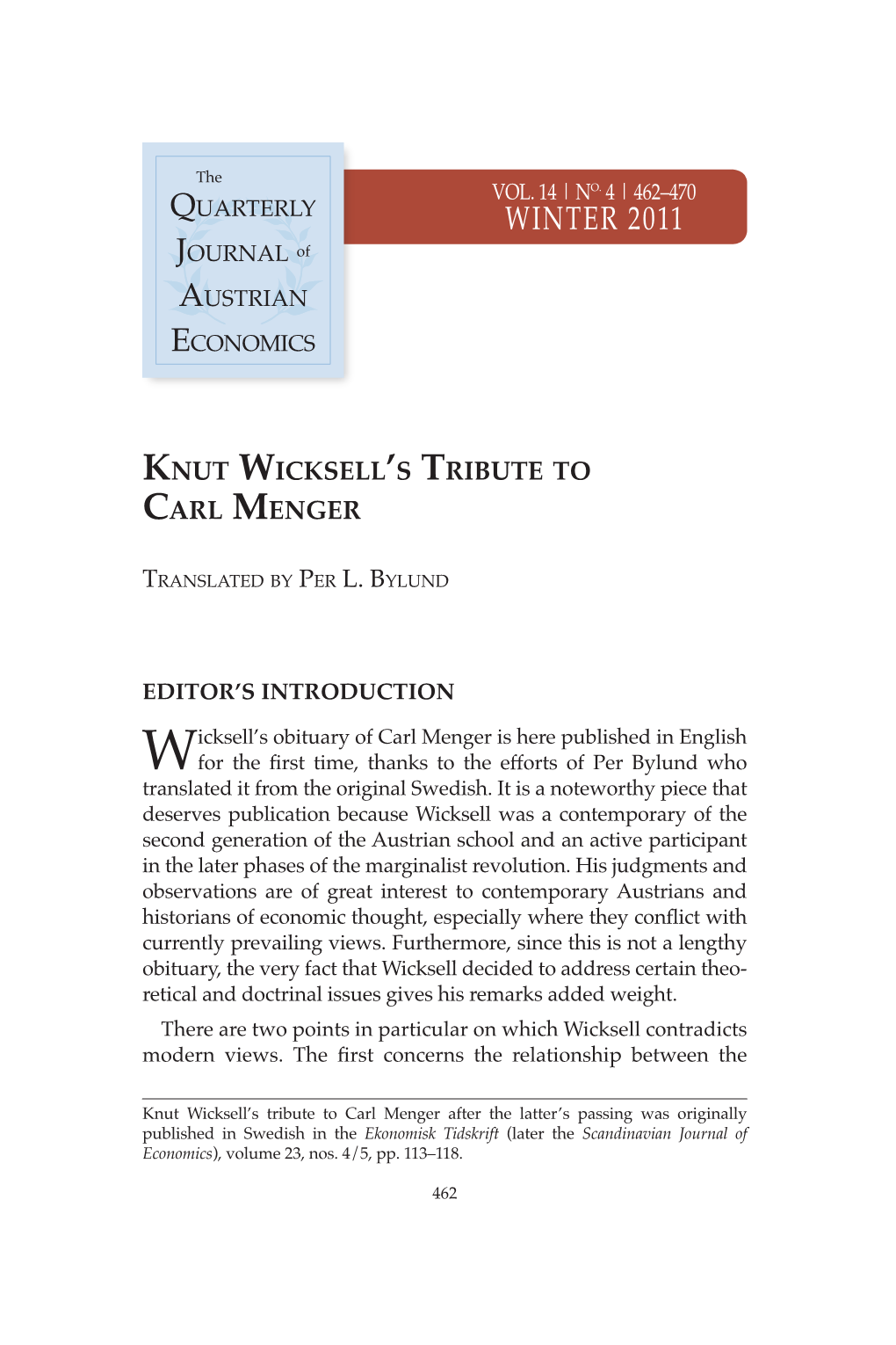 Knut Wicksell's Tribute to Carl Menger