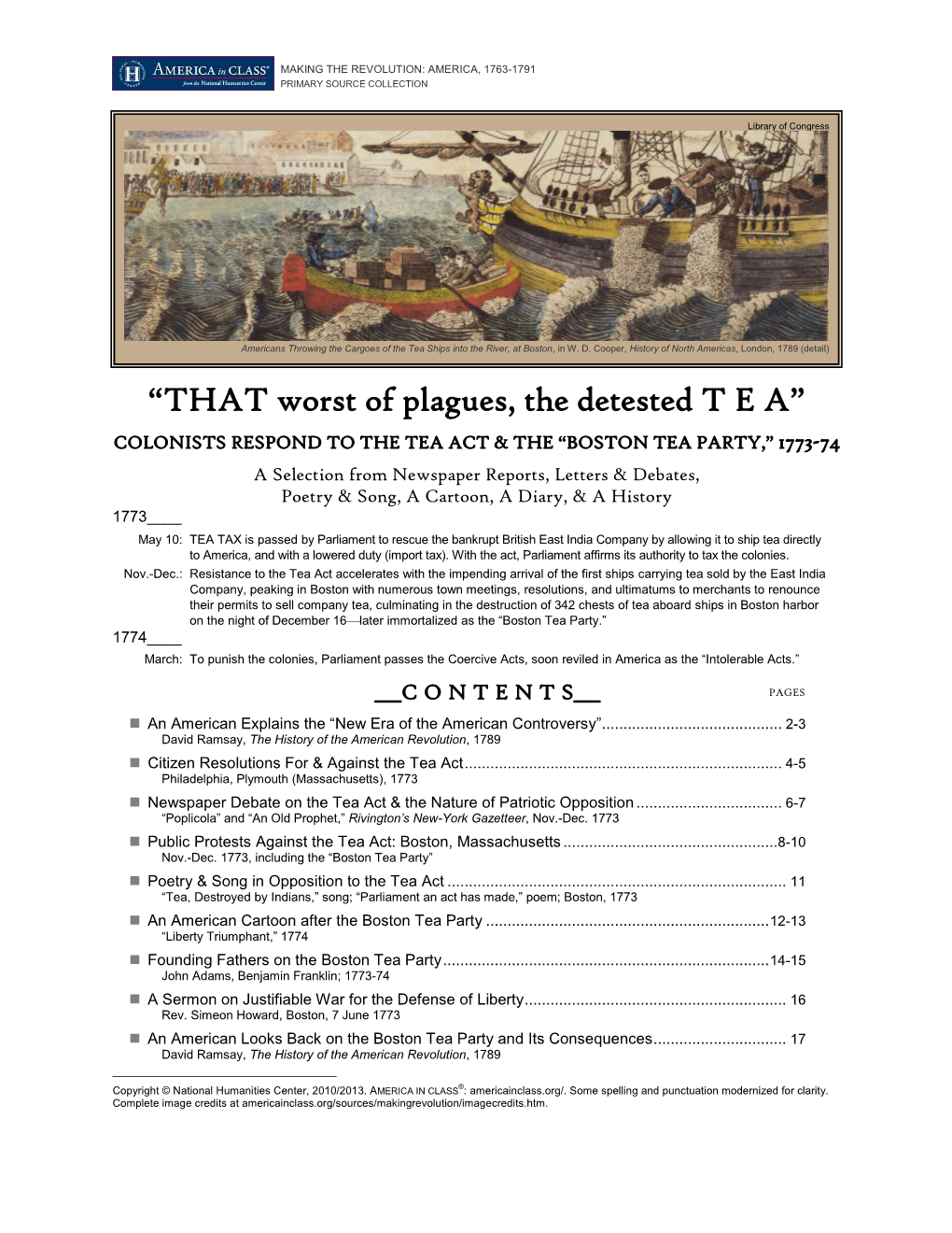 Colonists Respond to the Tea Act & the Boston Tea Party, 1773-1774