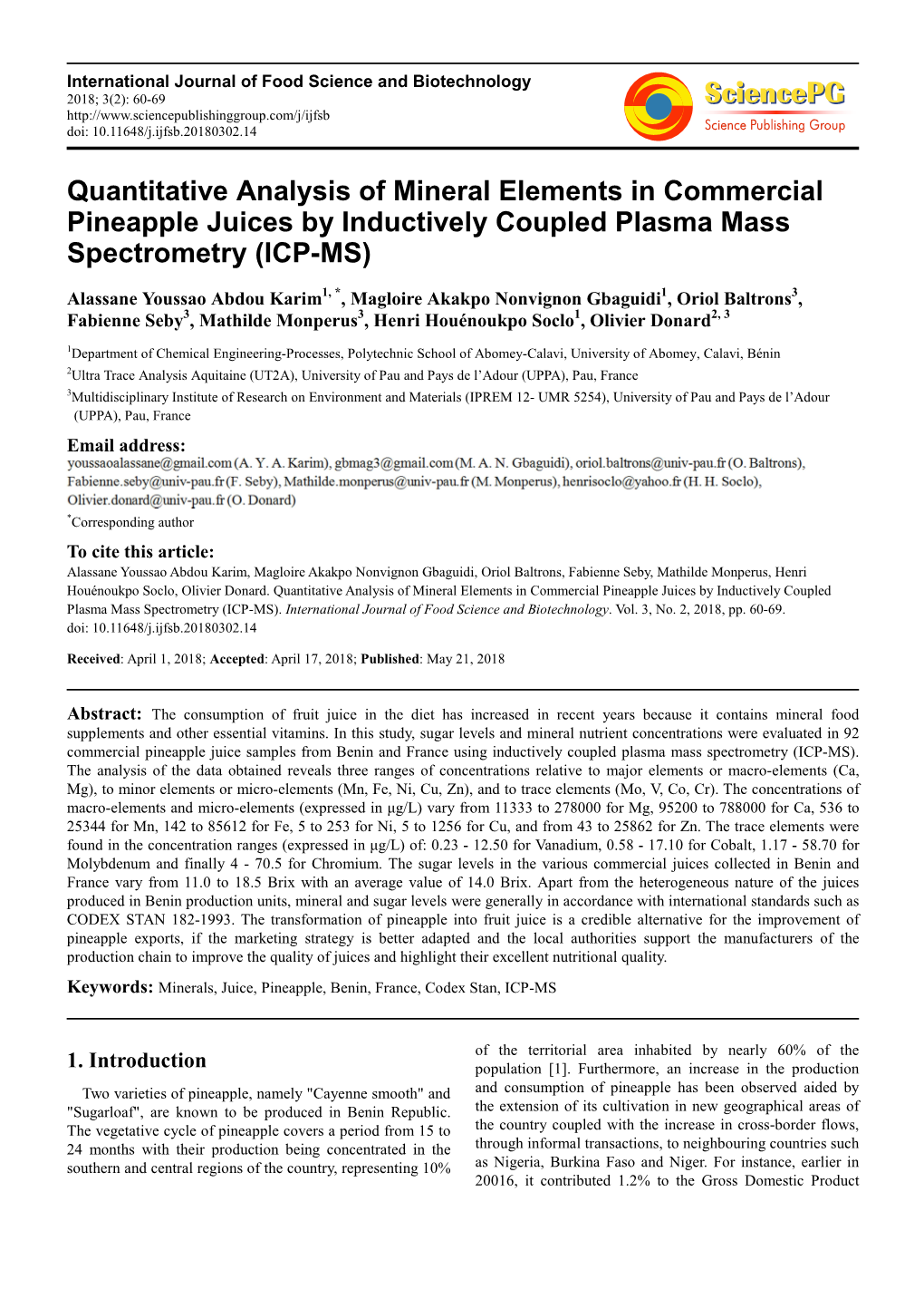 Quantitative Analysis of Mineral Elements in Commercial Pineapple Juices by Inductively Coupled Plasma Mass Spectrometry (ICP-MS)