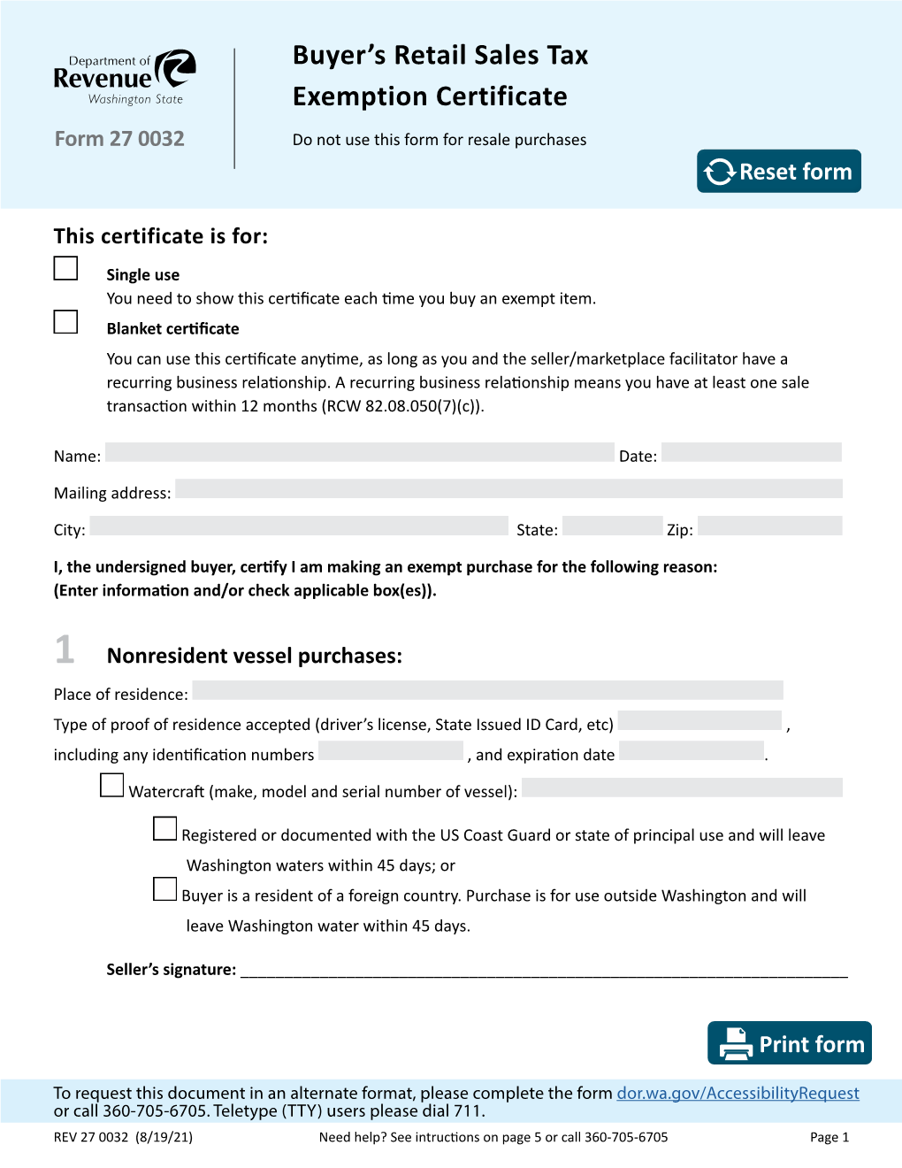 Buyer's Retail Sales Tax Exemption Certificate Form