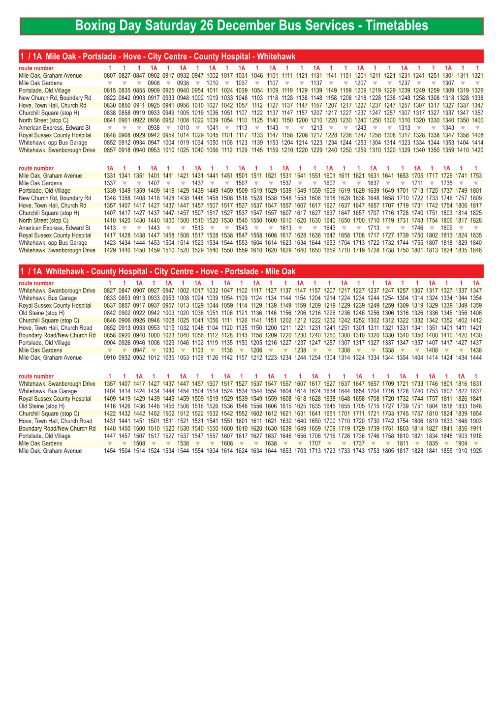 Boxing Day Saturday 26 December Bus Services - Timetables