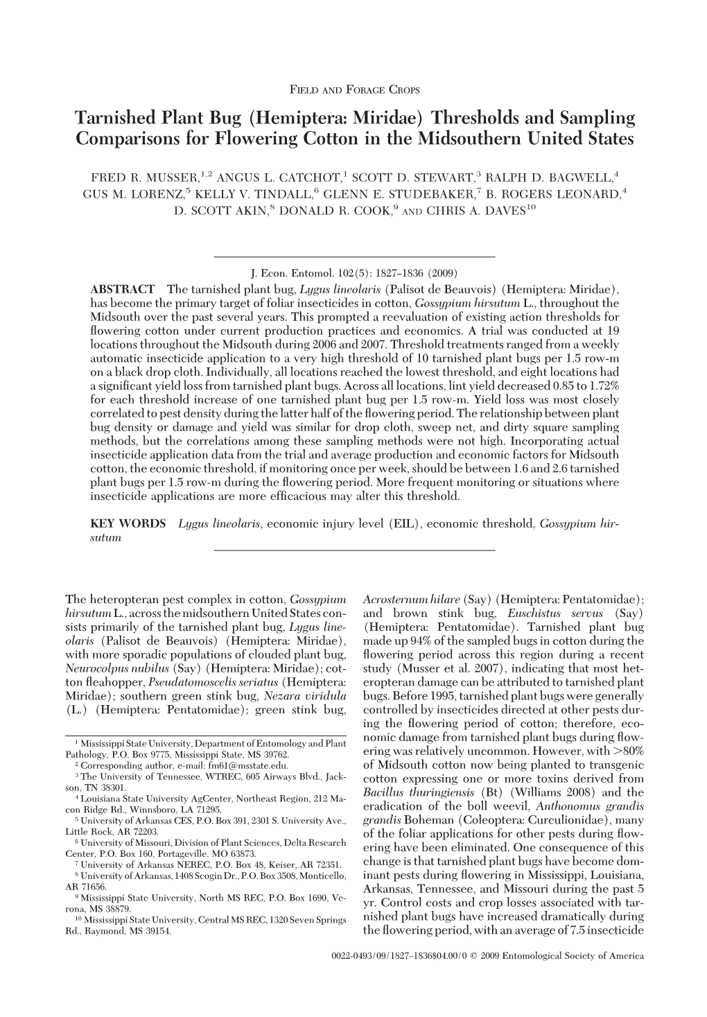 Tarnished Plant Bug (Hemiptera: Miridae) Thresholds and Sampling Comparisons for Flowering Cotton in the Midsouthern United States