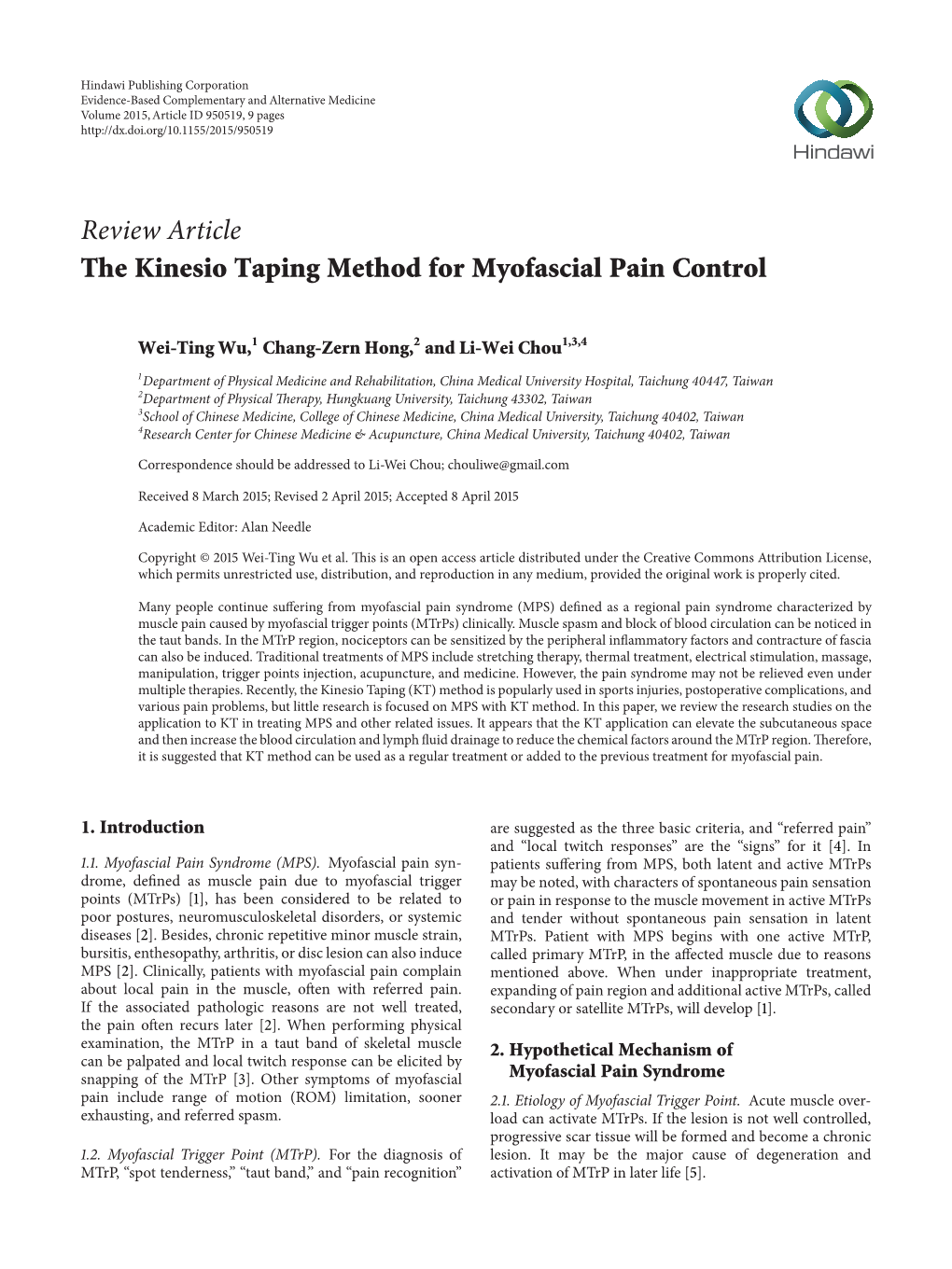 Review Article the Kinesio Taping Method for Myofascial Pain Control