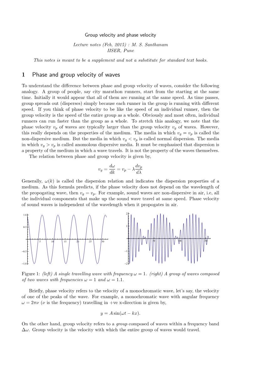1 Phase and Group Velocity of Waves