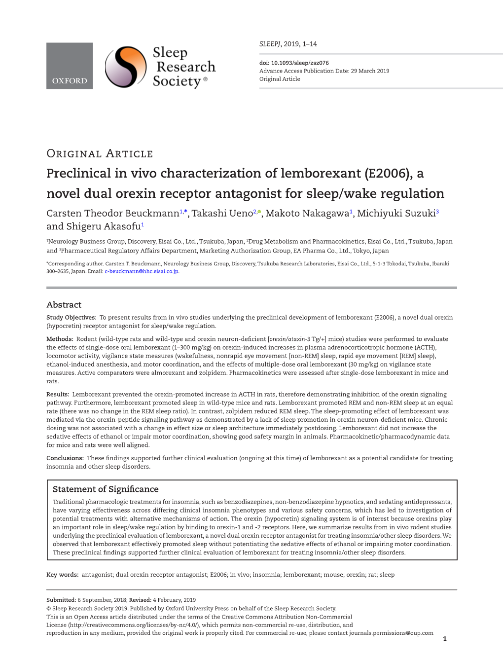 Preclinical in Vivo Characterization of Lemborexant (E2006)