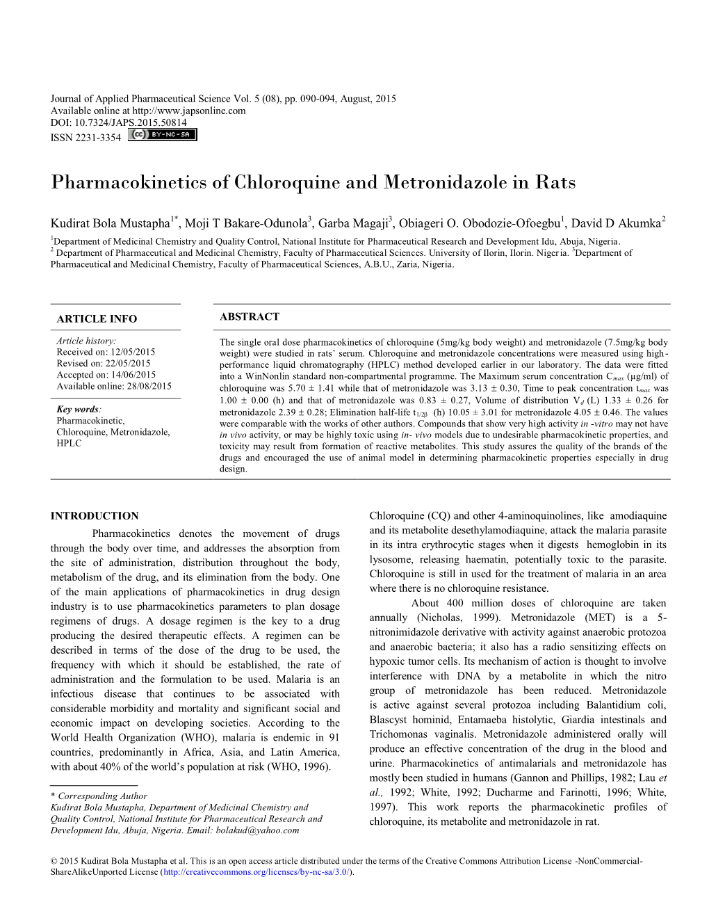 Pharmacokinetics of Chloroquine and Metronidazole in Rats