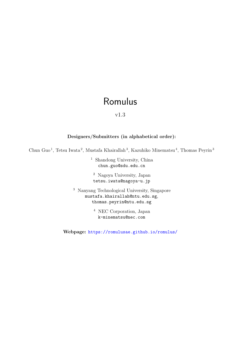 Romulus V1.3 Specification