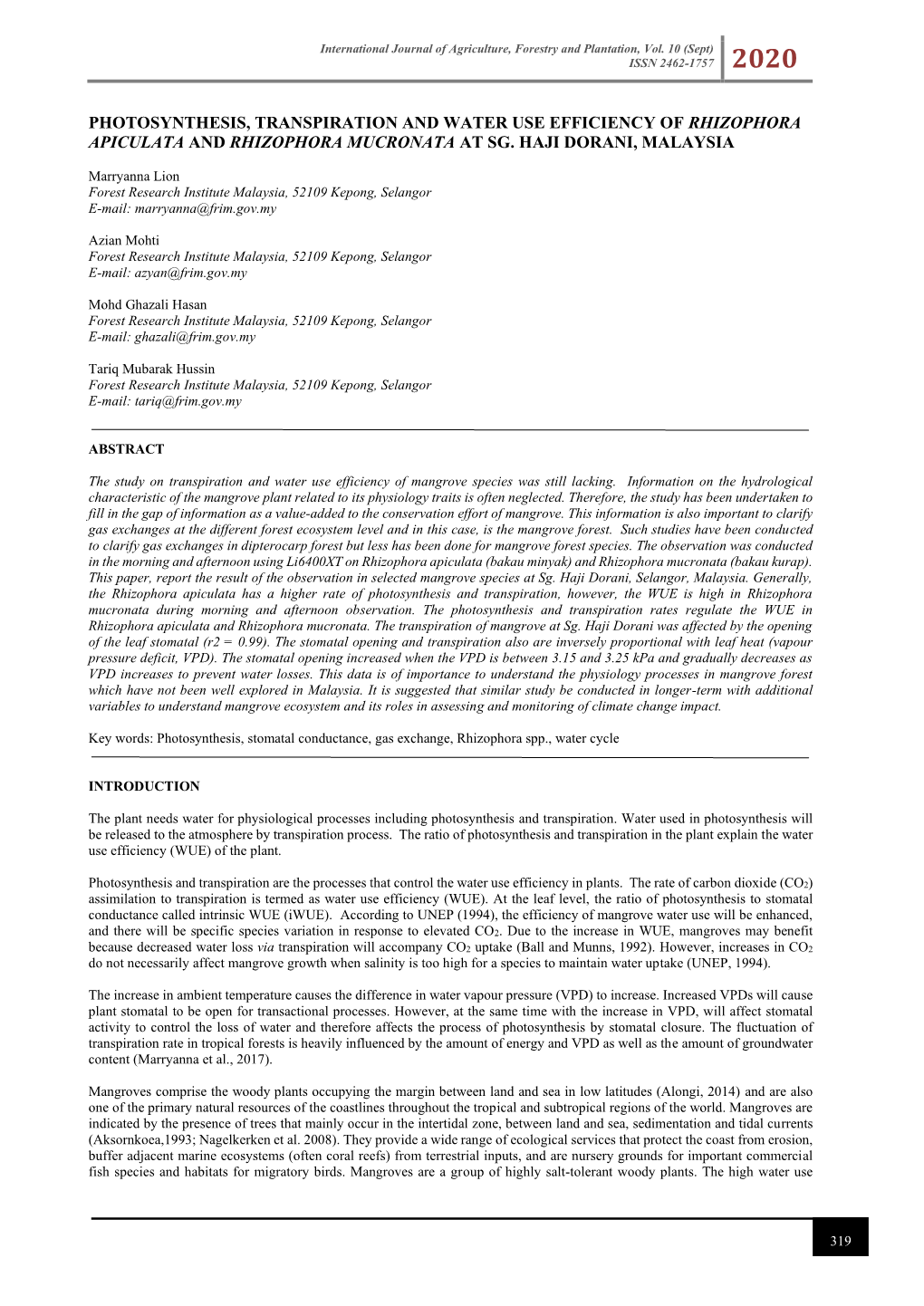 Photosynthesis, Transpiration and Water Use Efficiency of Rhizophora Apiculata and Rhizophora Mucronata at Sg