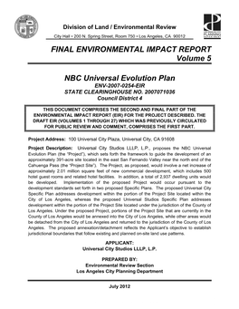 FINAL ENVIRONMENTAL IMPACT REPORT Volume 5 NBC Universal