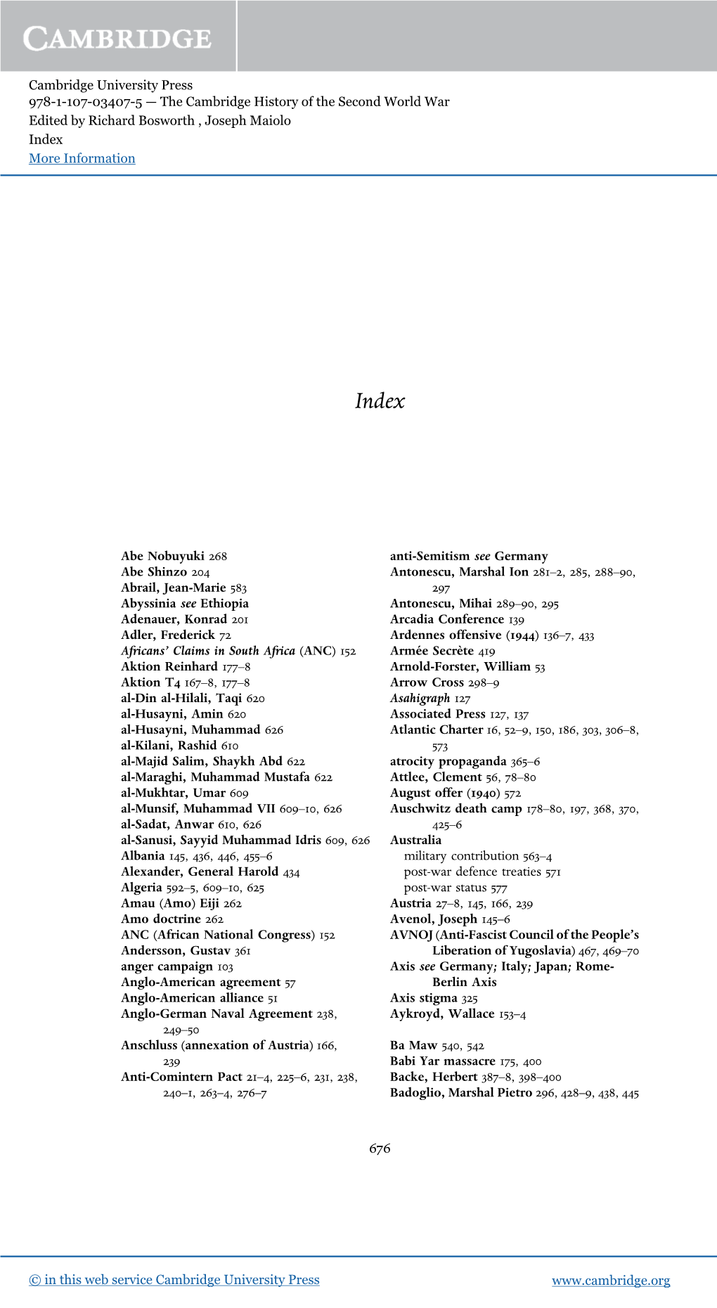 Cambridge University Press 978-1-107-03407-5 — the Cambridge History of the Second World War Edited by Richard Bosworth , Joseph Maiolo Index More Information