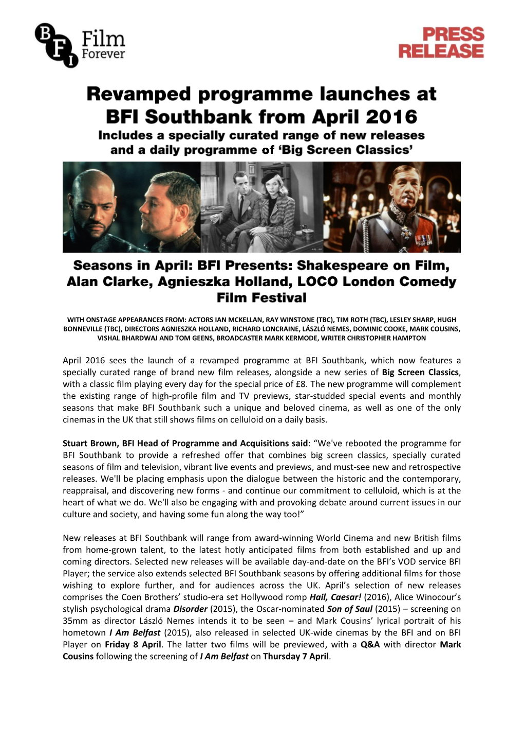 April 2016 Sees the Launch of a Revamped Programme at BFI